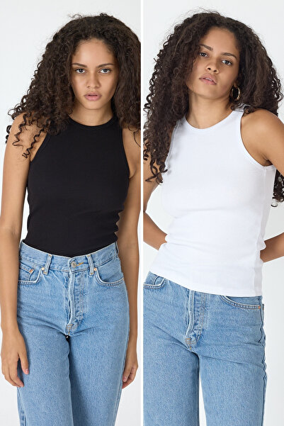 mmetalic Ribbed Regular Fit Normal Fit Black-White Crew Neck Zero Sleeve Cotton 2-Piece Women's Tank Top