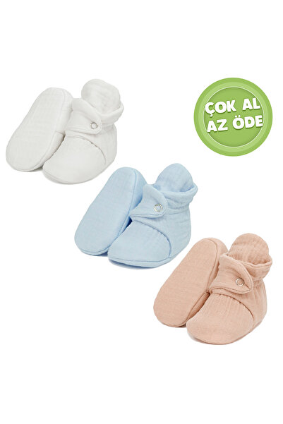 Ella Bonna Organic Cotton Muslin Baby Booties, Newborn Slippers, Cream, Blue, Beige 3 Pack