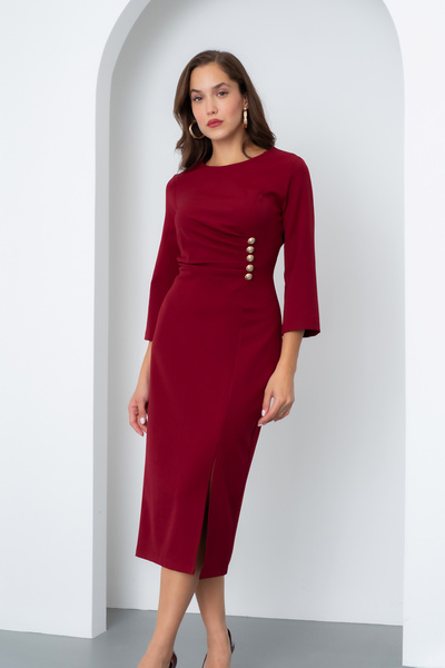 OFZE Kadın Bordo Düğme Detay Midi Davet Elbisesi