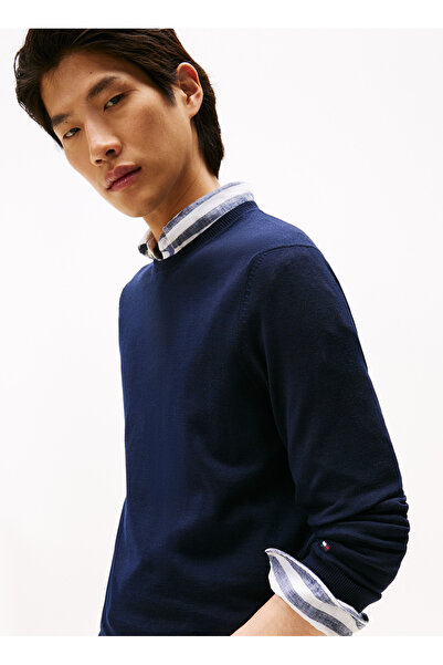 Tommy Hilfiger Bisiklet Yaka Normal Mavi Erkek Kazak MW0MW39775DW5_DC FINE MERINO WOOL C