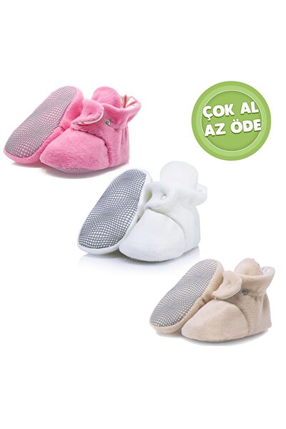Ella Bonna Non-Slip Sole Baby and Kids Fleece Slippers, Organic Cotton Inner Lining Home and Nursery Booties - Pack of 3