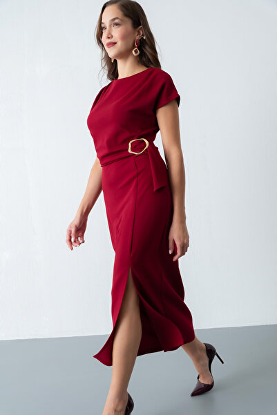 Lafaba Rochie de ocazie midi cu detaliu cu cataramă bordeaux pentru femei