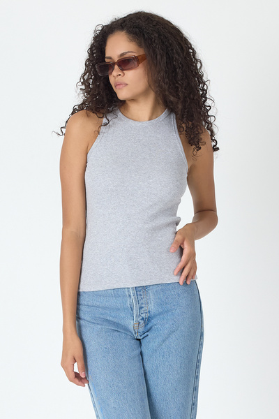 mmetalic Ribbed Regular Fit Normal Fit Gray Crew Neck Zero Sleeve Cotton Women's Tank Top