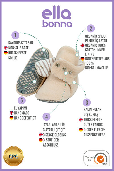 Ella Bonna Kaydırmaz Taban, Bebek Pandufu, Ilkadım Ev Patiği, Terletmeyen Organik Polar 2 Li Paket Gri Bej