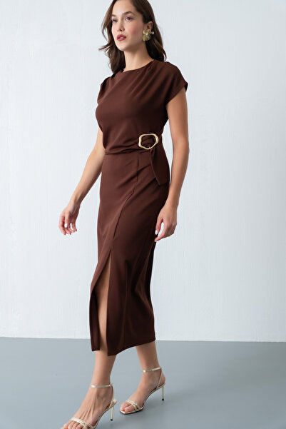 Lafaba Γυναικείο φόρεμα με λεπτομέρεια με καφέ αγκράφα