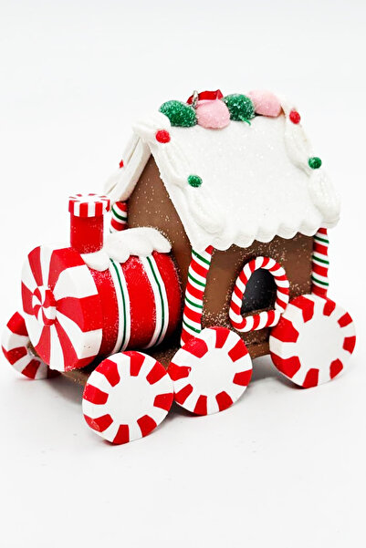 BeySüS Yılbaşı Çam Ağacı Süsü Masa Dekoru Işıklı Kurabiye Tren Kırmızı Beyaz