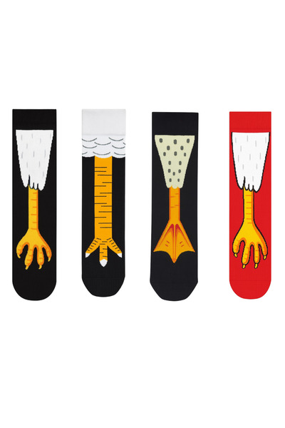 Goma Goma Socks Karakterli Renkli Figürlü 4 lü Eğlenceli Unisex Çorap Seti İskelet Flamingo Tavuk İnek Çorap Kombini