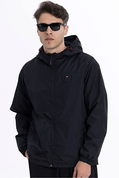 Goccix Erkek Siyah Su ve Rüzgar Geçirmez İç Astarlı Cepli Kapüşonlu Spor Yağmurluk