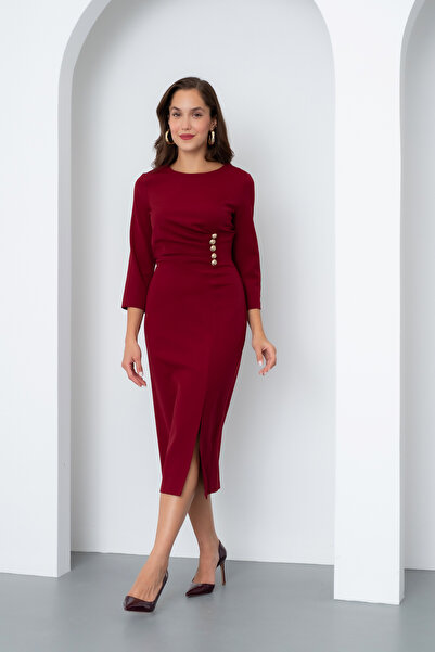 OFZE Kadın Bordo Düğme Detay Midi Davet Elbisesi