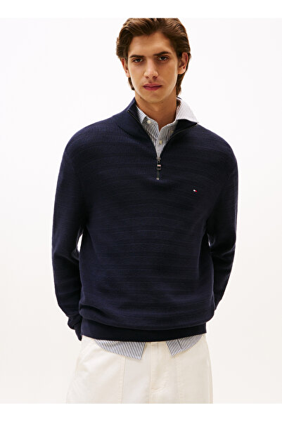 Tommy Hilfiger Bisiklet Yaka Normal Mavi Erkek Kazak MW0MW39536DW5_STRIPE STRUCTURE ZIP