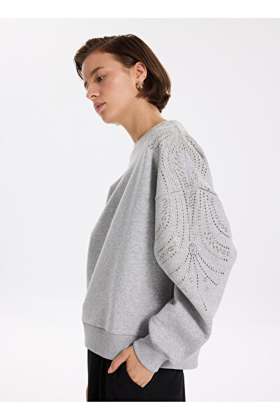 Fabrika Bisiklet Yaka Taşlı Gri Melanj Kadın Sweatshırt F5WL-SWT0035