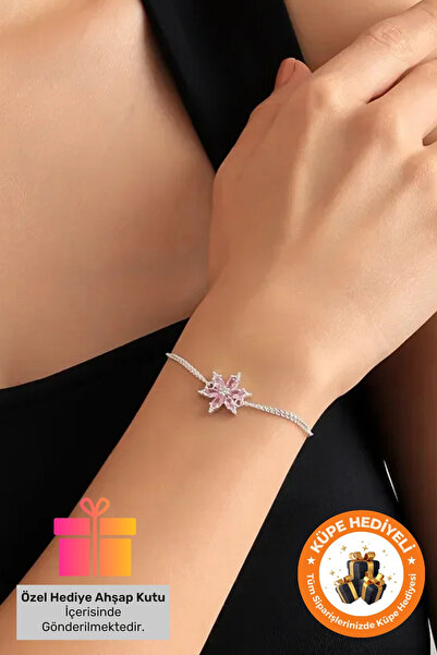 Lucente Jewellery 925 Ayar Hediye Kutulu Pembe Lotus Çiçeği Gümüş Kaplama Yılbaşı Gerçek Ametist Taşlı Bileklik