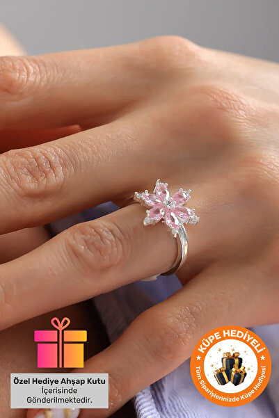 Lucente Jewellery Özel Hediye Kutulu Pembe Lotus Çiçeği Ametist Taşlı Gümüş Kaplama Ayarlanabilir Manolya Çiçeği Yüzük