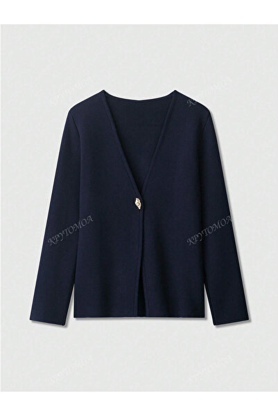 NATUFIAN STORE Women's Navy Blue Single Button Modern Knitwear Cardigan