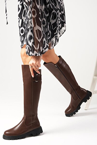 Mio Gusto Γυναικείες μπότες με χοντρή σόλα με φερμουάρ στο πλάι καφέ