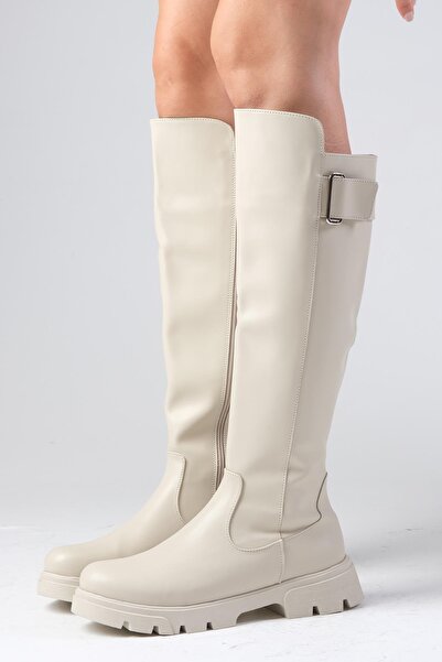 Mio Gusto Dámské kozačky na boční zip se silnou podrážkou béžové barvy