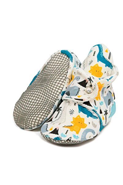 Ella Bonna Protiskluzové pantofle pro kojence a děti, domácí a školní botičky z organické bavlny - Dinosaurus