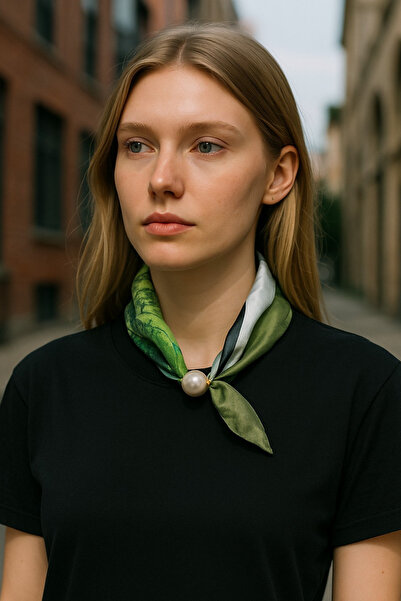 Trend aksesuar Parlak Saten Kumaş İnci Detaylı Şık Fular Kolye