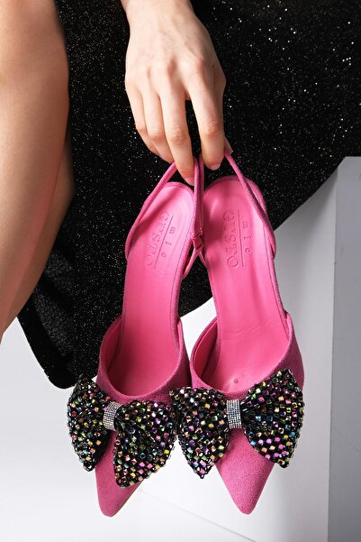Mio Gusto Melody Fuchsia Color Suede Bow Accessory Open Back Women's Heeled Party Shoes