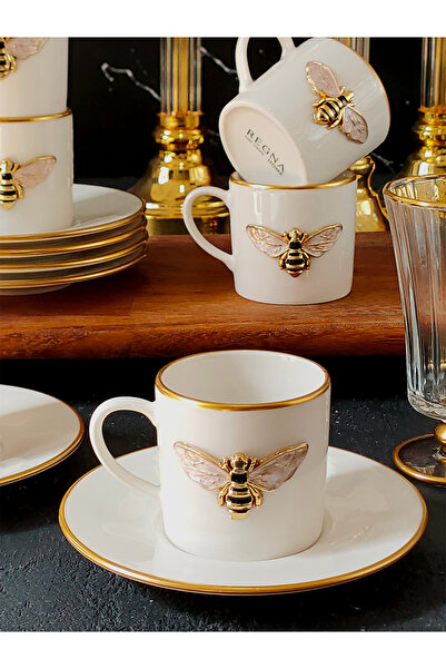 REGNA HOME Fine Living Queen Bee 12 Parça 6 Kişilik Yaldızlı Porselen Kahve Seti