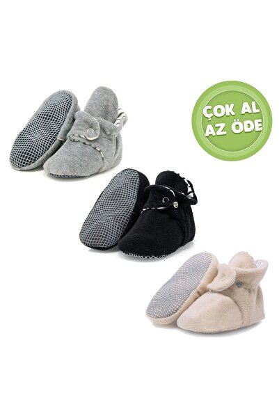 Ella Bonna Economic Pack of 3 - Anti-Slip Base, Organic 100% Cotton Lined Baby Slippers (Beige-Black-Gray)
