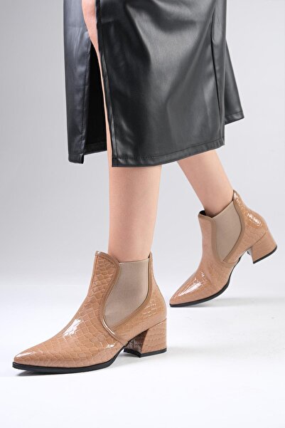 Mio Gusto Maggie Vizon Renk Krokodil Desenli Lastikli Kadın Topuklu Bot