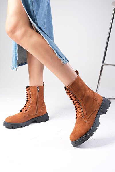 Mio Gusto Alvina Taba Renk Süet Bağcıklı ve Fermuarlı Kalın Tabanlı Kadın Postal Bot