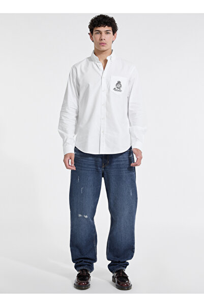 Guess Jeans Regular Fit Beyaz Baskılı Erkek Gömlek M5YH64WHFK1-G011 Jeans Erkek