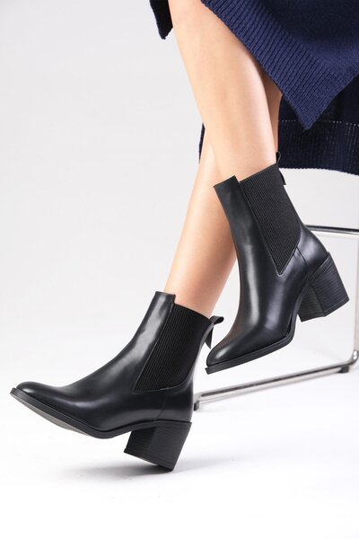 Mio Gusto Alida Siyah Renk Lastikli, İnce Suni Kürk Astarlı Kalın Topuklu Kadın Bot