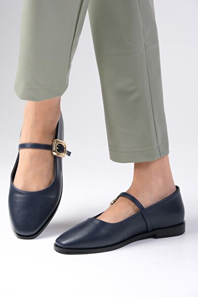 Mio Gusto Camille Navy Blue Women's Ballerinas - Side Buckle Shoes