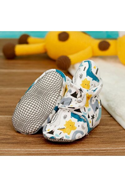 Ella Bonna Protiskluzové pantofle pro kojence a děti, domácí a školní botičky z organické bavlny - Dinosaurus