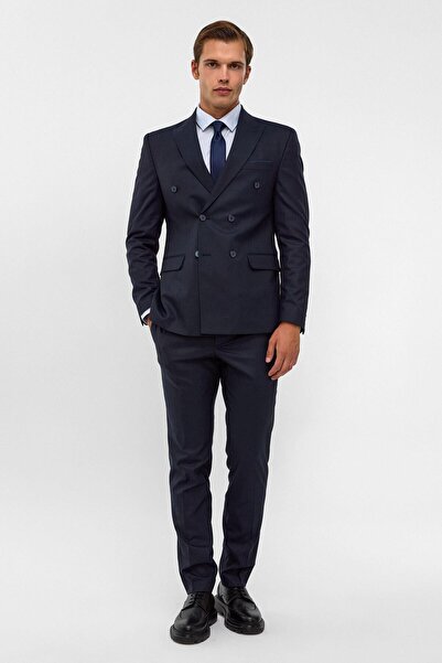 SÜVARİ Lacivert Slim Fit Desenli Sivri Yaka 6 Drop Klasik Takım Elbise