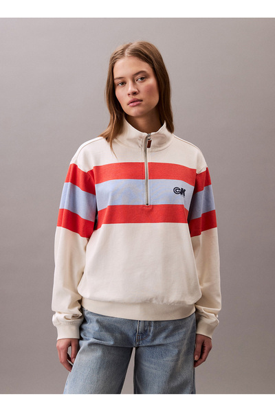 Calvin Klein Džínová mikina s límečkem a pruhy bílá dámská mikina LV047C229GXEM