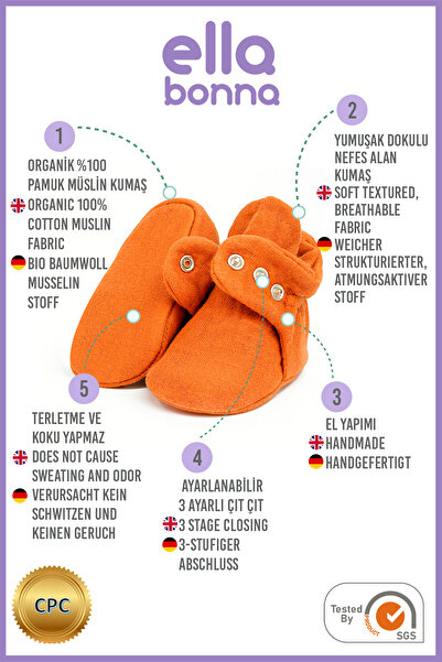 Ella Bonna Kojenecké botičky z biobavlny z mušelínu, pantofle pro novorozence, barva ořech