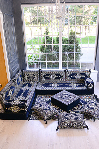 BAKIRÖZÜ HOME Şark Köşesi Takımı (20 CM MİNDER KALINLIĞI) Lacivert Yahyalı Mo...