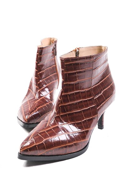 Mio Gusto Vanessa Taba Renk Krokodil Desenli İnce Kürk Astarlı Fermuarlı Kadın Topuklu Bot