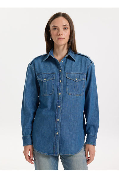 Lauren Ralph Lauren Slim Fit Gömlek Yaka Mavi Kadın Gömlek RODIEL-LONG SLEEVE...