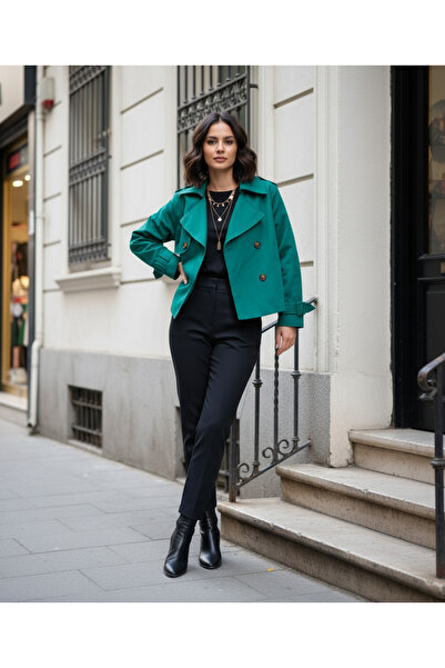 PASTELASTORE Emerald Green 100% Cotton Gabardine Lined Oversize Wide Fit Women's Crop Short Trench Coat 1122