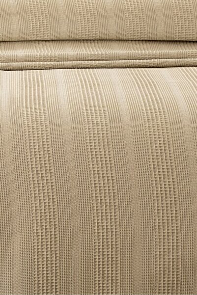 Sevim %100 Pamuk Çift Kişilik Kopanaki Dantelli Waffle Pike-210x230 cm-Bej Petek Pike