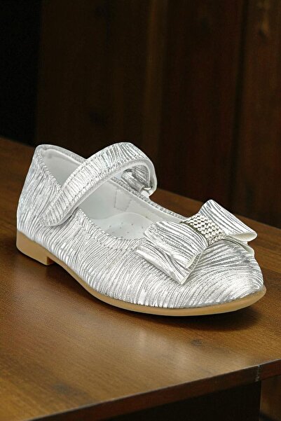 ForYou4 Kız Bebek Çocuk Gri Simli Fiyonklu Cırtlı Babet günlük