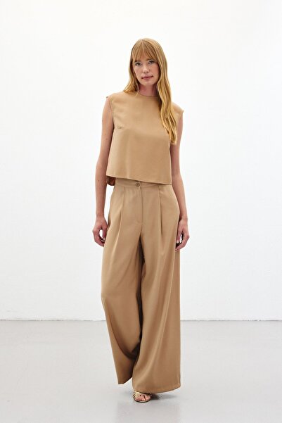 Sateen Geniş Paça Pantolon - Camel