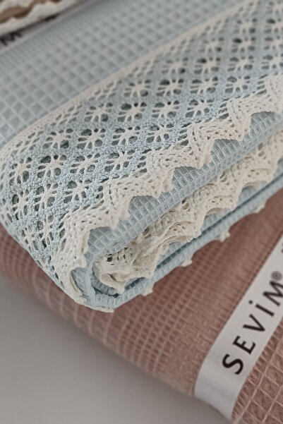 Sevim 100% памук, двуцветно покривало с дантела Kopanaki, размер 210x230 см, бебешко синьо