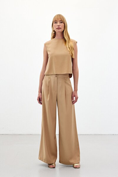 Sateen Wide Leg Pants - Camel
