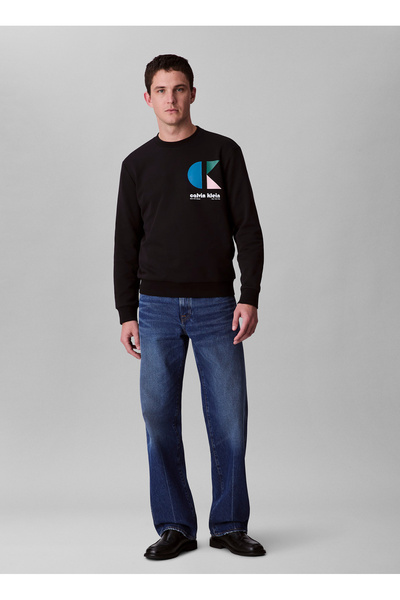 Calvin Klein Jeans Bisiklet Yaka Siyah Erkek Sweatshırt LV04RC285GUB1 LS EU 350TERRY CK BAU