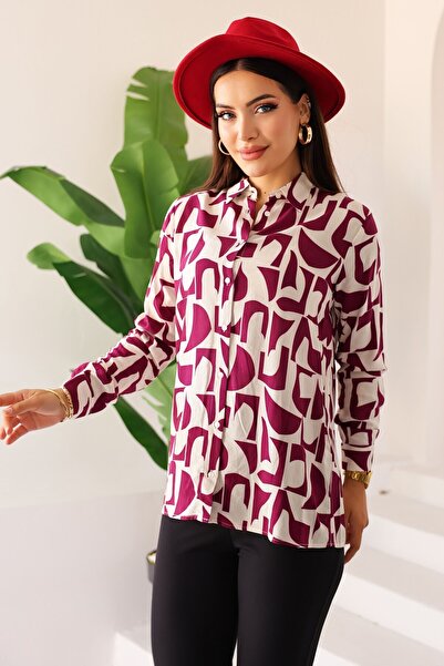 Kübra Tekstil قميص نسائي عادي بأكمام طويلة ونمط هندسي باللون العنابي الكريمي