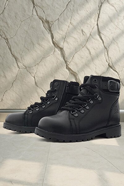 Rakerplus Genuine Leather Black Real Fur Laced Zippered Children's Boots