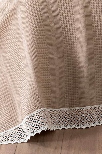 Sevim 100% Cotton Double Bed Kopanaki Lace Waffle Blanket - 210x230 cm - Cappuccino Honeycomb Blanket