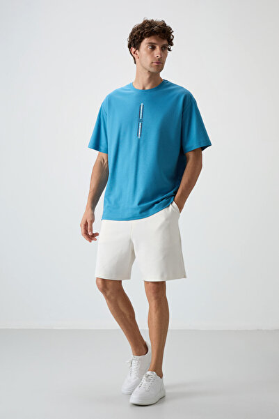 AIR JONES Ανδρικό μπλουζάκι με στάμπα - Χοντρή επιφάνεια με υφή Oversize Fit Blue Cotton 88366