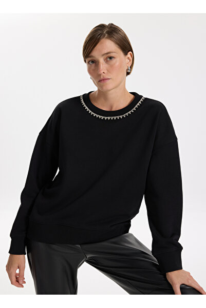 Fabrika Bisiklet Yaka Taşlı Siyah Kadın Sweatshırt F5WL-SWT0036