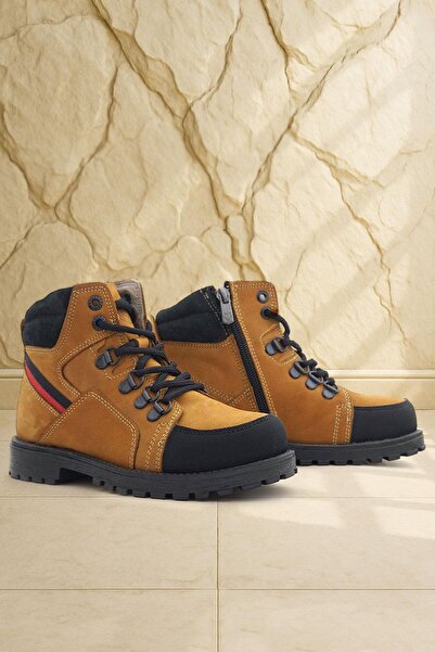 Rakerplus Hakiki Deri Sarı Bağcıklı Fermuarlı Çocuk Bot